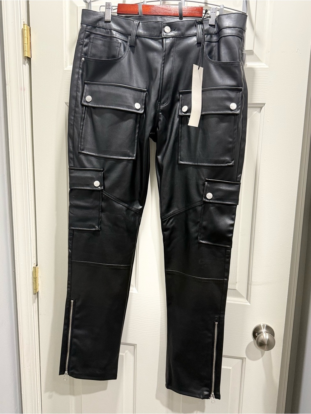 Fashion Nova Men's Black Faux Leather Cargo Pants with Snap Flap Pockets